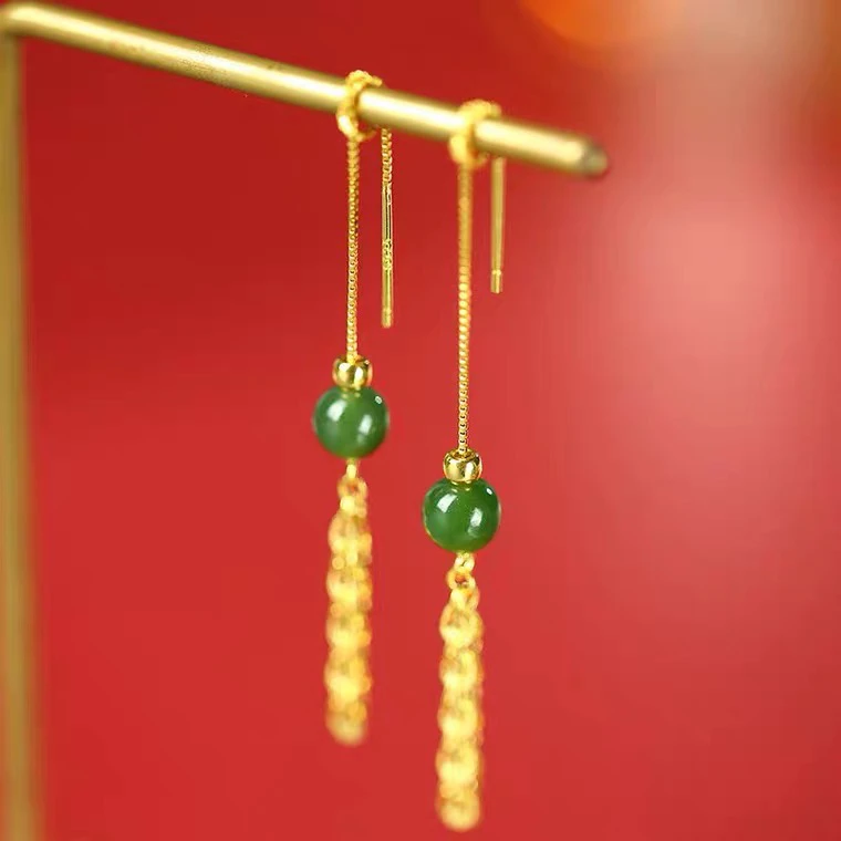 合金仿水晶耳饰 碧绿单珠流苏凤尾长款耳环耳线纯银女款绿色