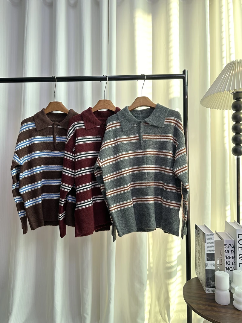 【潘潘】南油特价女款POLO领复古美式针织条纹时尚保暖情侣款