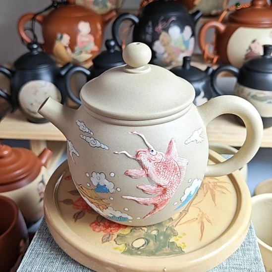 建水紫陶堆雕刻绘茶复烧全品10号220cc