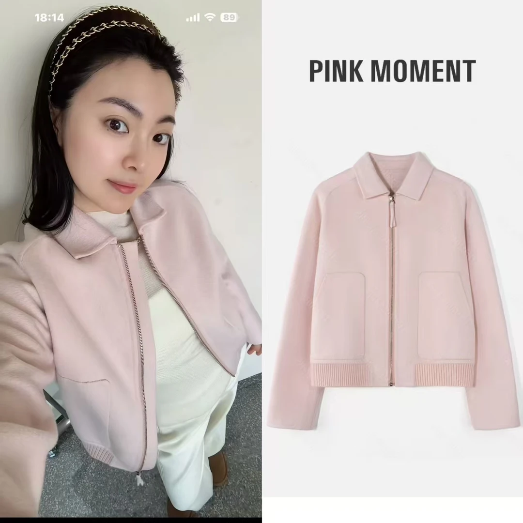PM王囡囡 粉色骆驼绒翻领拉链大口袋外套 ND1D1971