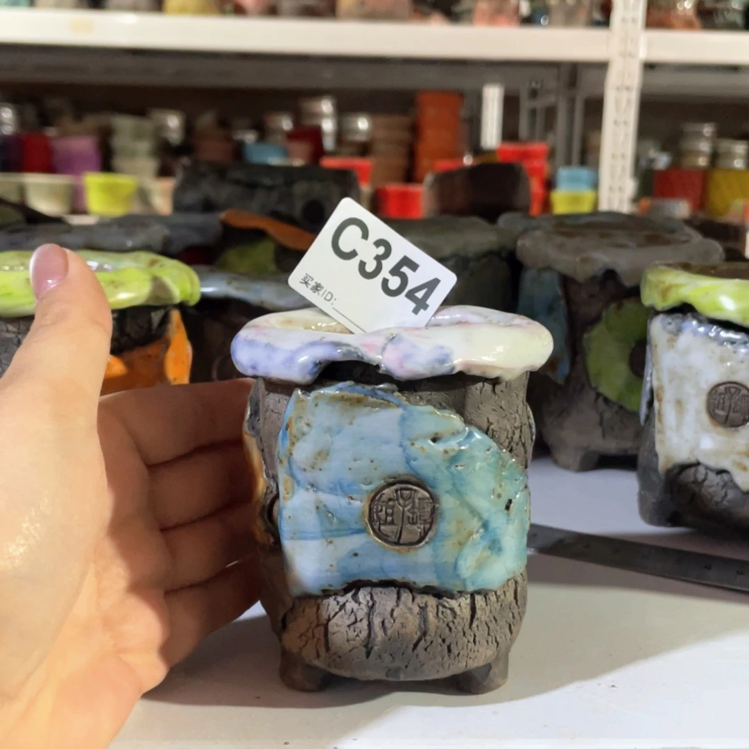紫砂花盆孤品不规则  油画山石老桩内口6