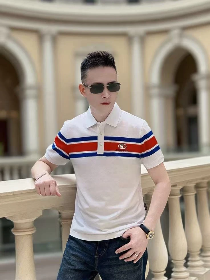 欧品男士夏季新款刺绣翻领潮流时尚休闲春夏条纹高端POLO衫 6707