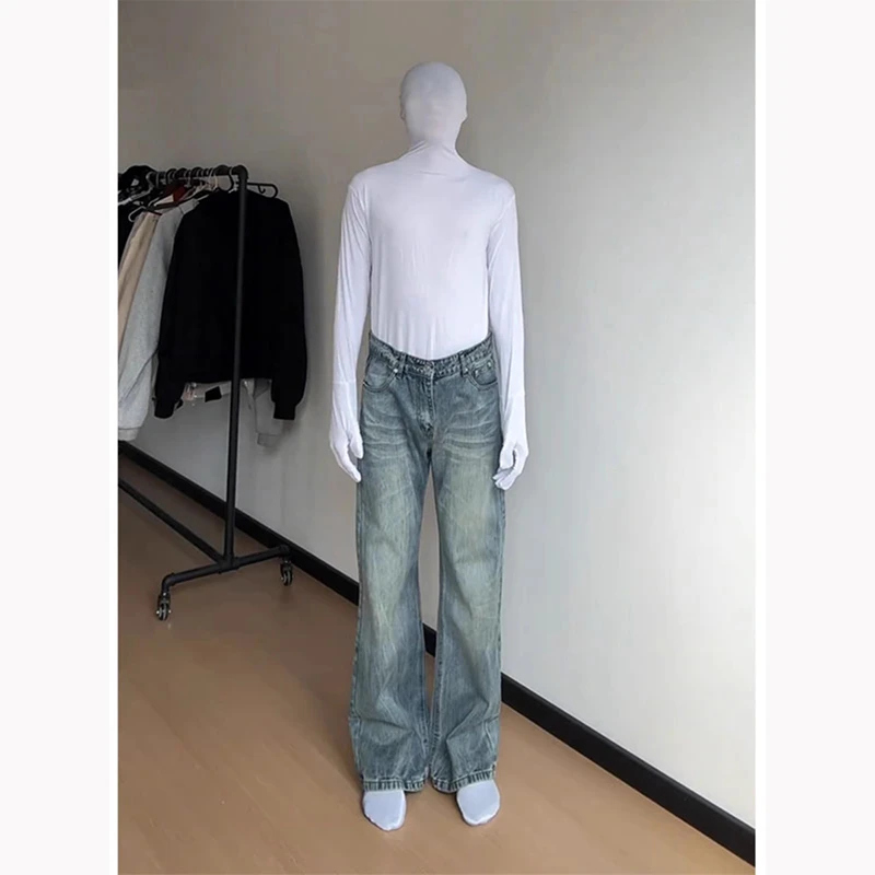 19studio复古蓝直筒牛仔裤男款水洗做旧微喇长裤美式高街vibe裤子