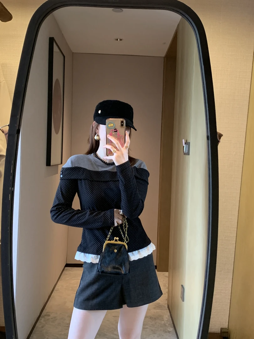 2025秋款韩系甜美减龄撞色波点荷叶边拼接假两件长袖T显瘦百搭