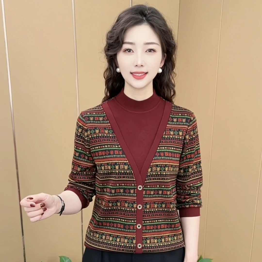 冬季新款圆领假两件加绒保暖气质妈妈装宽松显瘦百搭上衣K9991