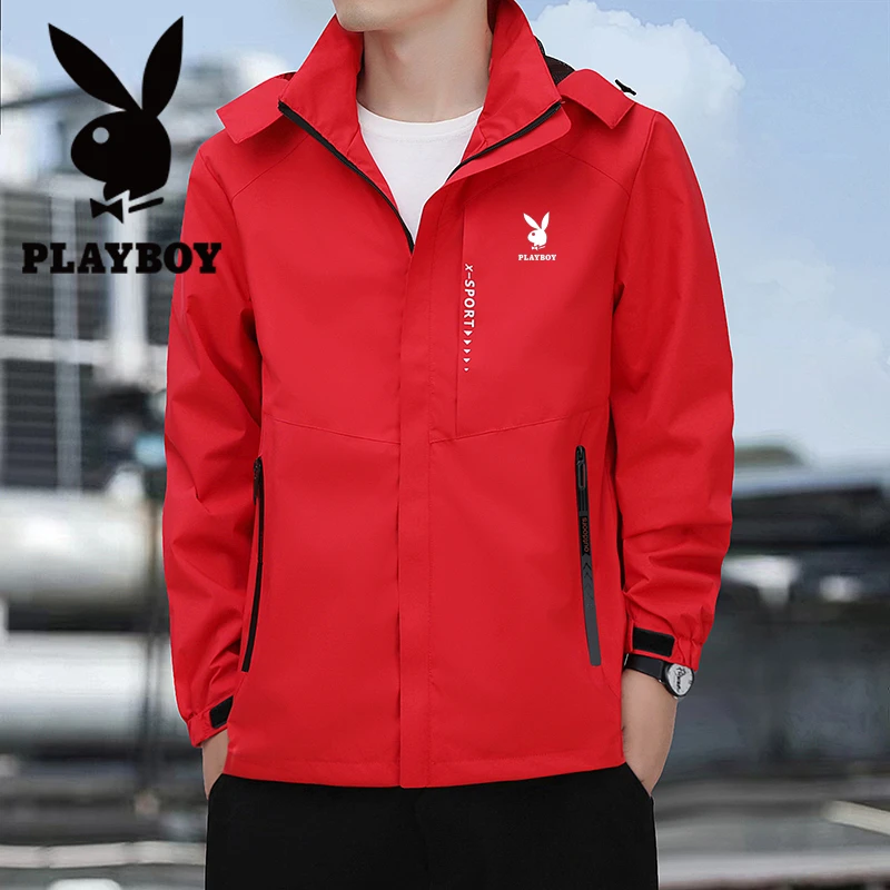 花花公子红色外套男士春秋季宽松大码户外旅行冲锋衣休闲薄款夹克