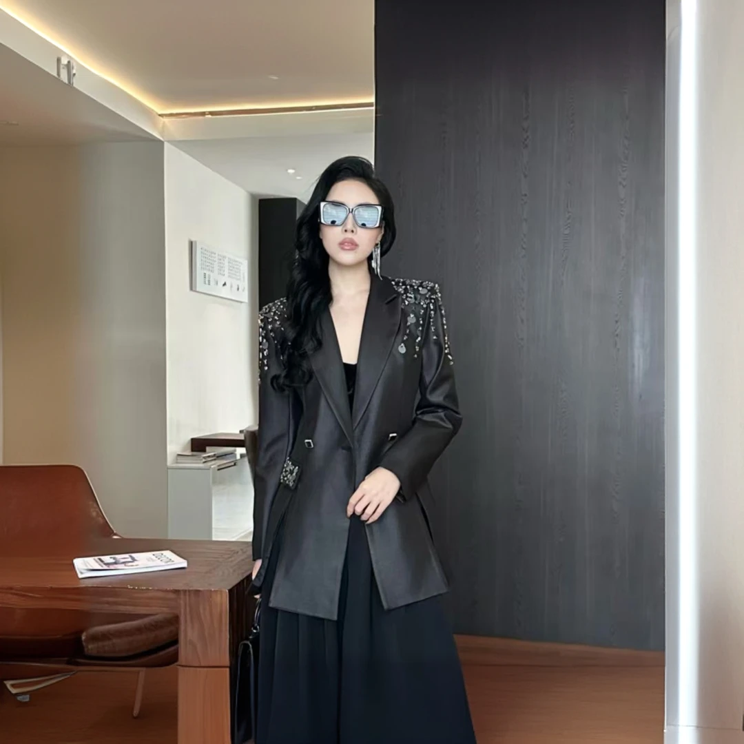 欧货重工西装百搭时尚修身手工钉珠女士网红西装外套XZ88黑色