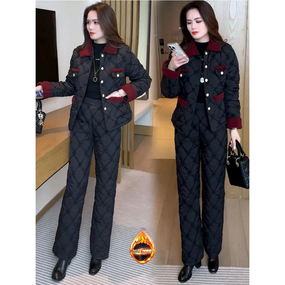 加绒加厚时尚套装女2024冬季新款洋气质小香风提花棉服保暖两件套
