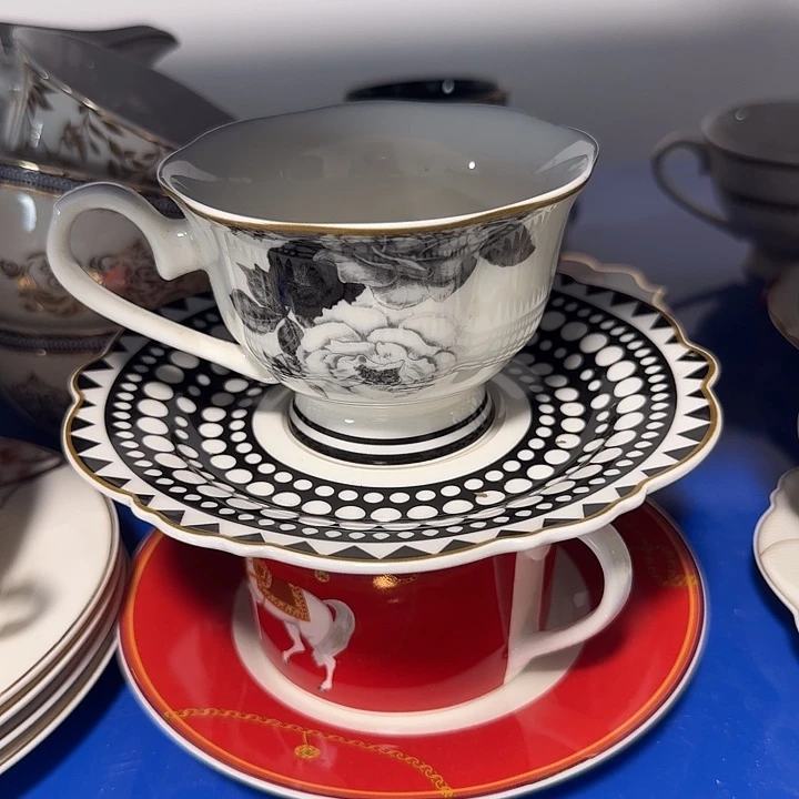 瓷黑花咖啡杯35米两套