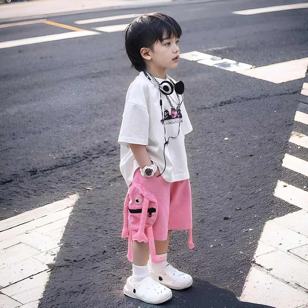 巴拉开门男童夏装套装2025新款韩版儿童个性立体卡通口袋短裤短袖