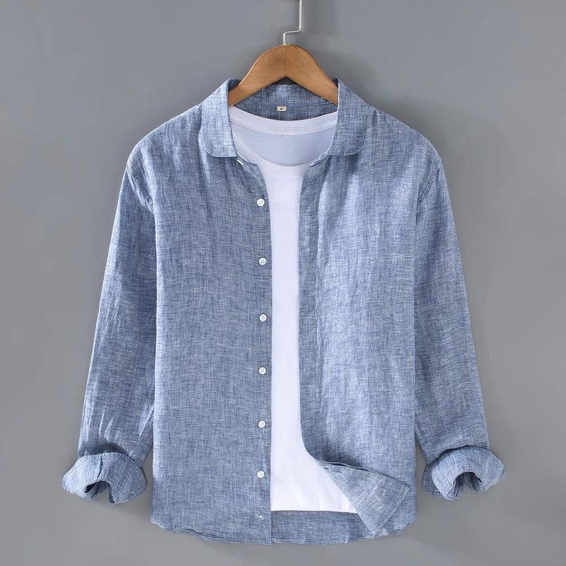 LEROLEHAR轻奢色织布纯亚麻男士长袖衬衫麻布男装全麻透气衬衣