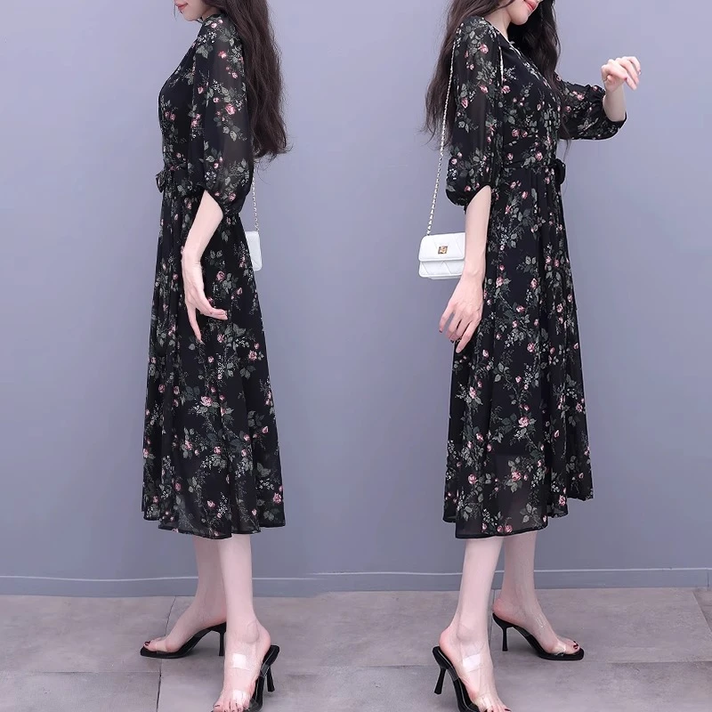 纳霍浦勒新款中袖碎花法式印花气质系带显瘦中长款连衣裙女夏装