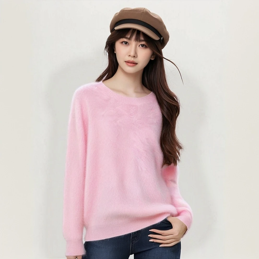 【云端之触】260克100%纯羊毛拉毛女秋冬百搭圆领套头宽松针织衫