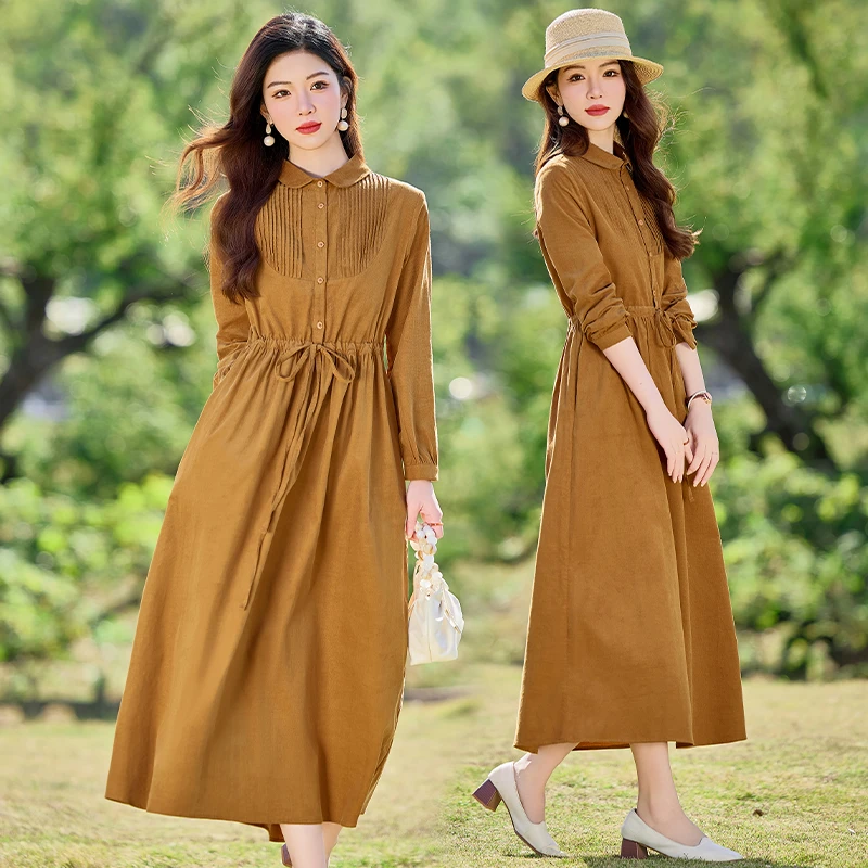 清冷新中式收腰春季通勤长袖褶皱苎麻复古连衣裙春秋显瘦气质时尚