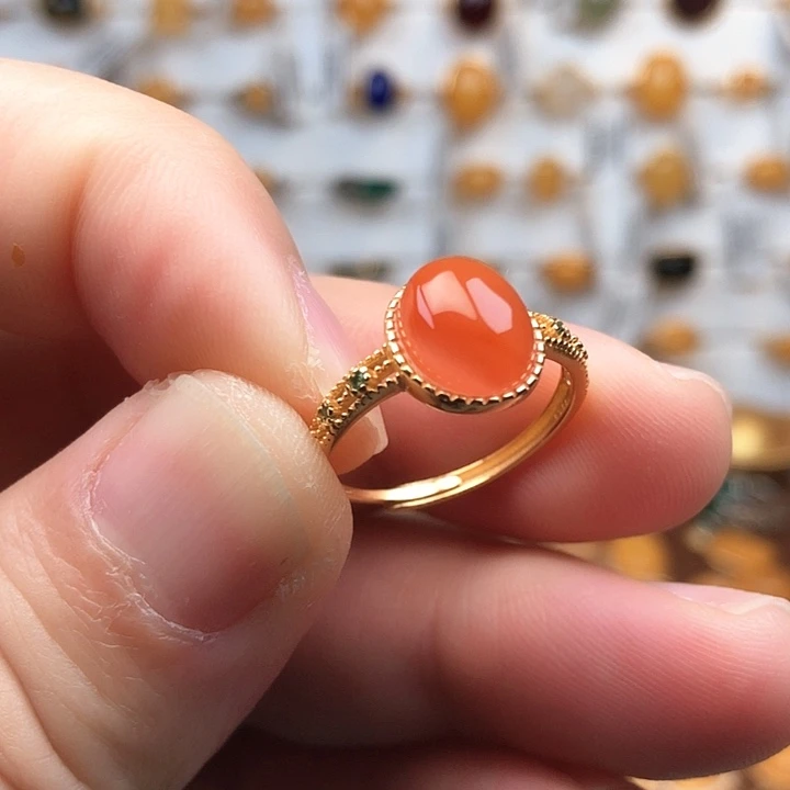南红玛瑙银S925镀金镶嵌戒指