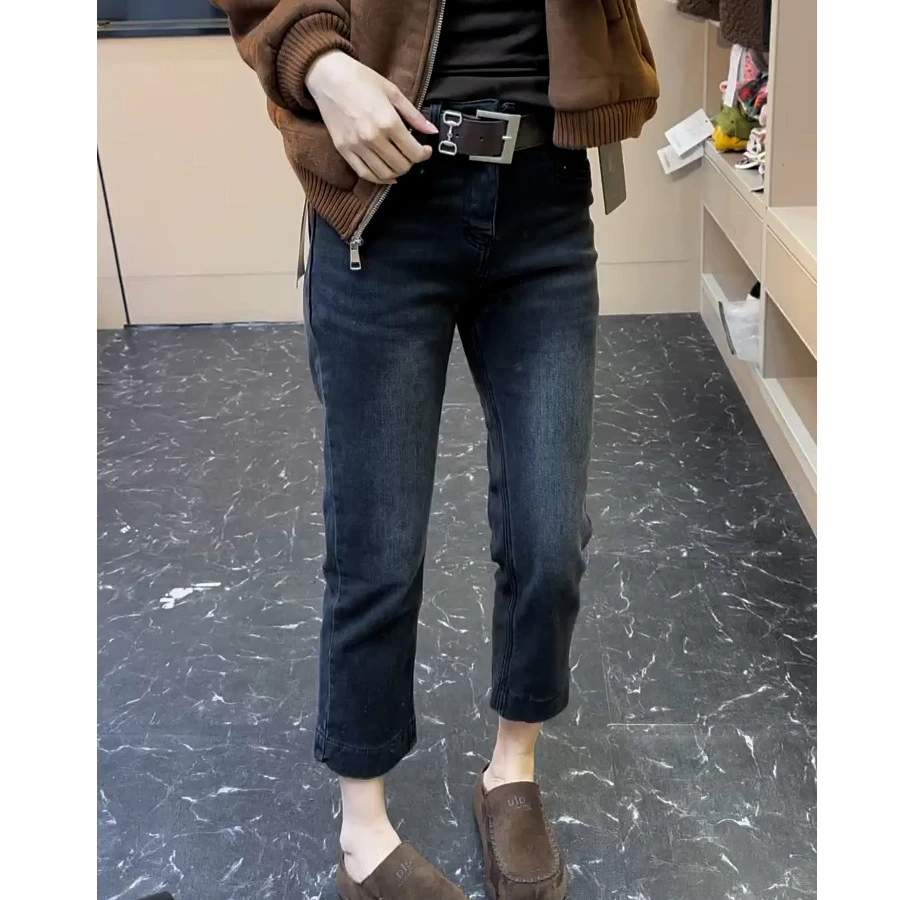 黑灰色九分直筒牛仔裤女2025秋冬加绒高腰显瘦小个子胖mm烟管裤子