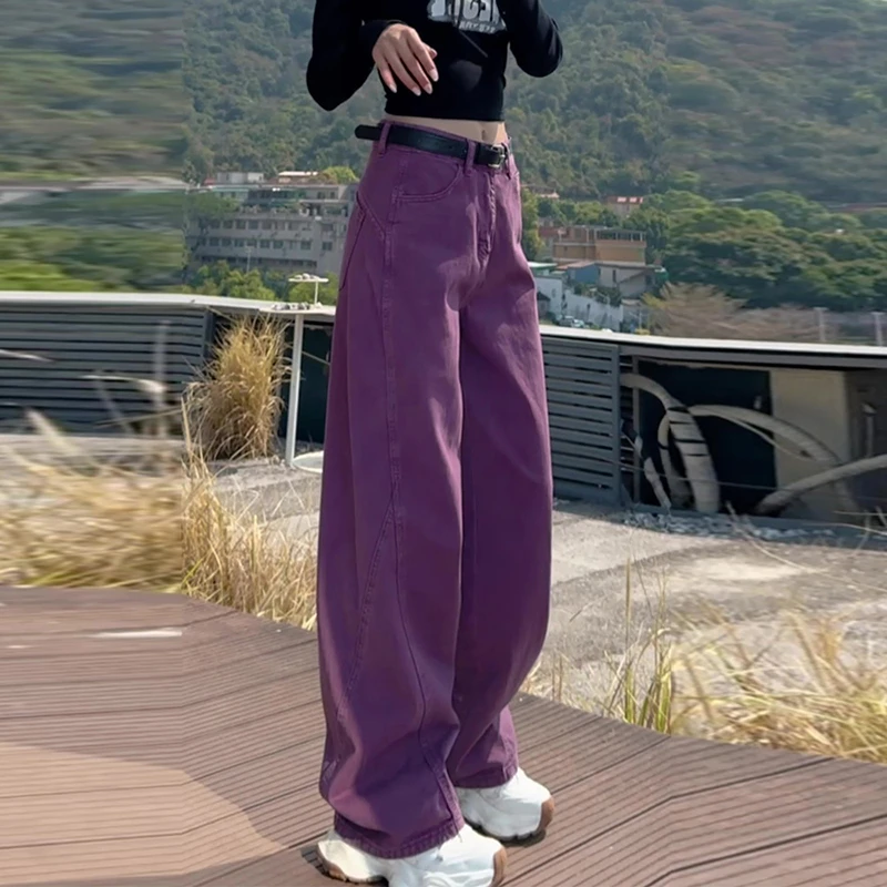 复古洋气高腰阔腿裤女春季新款小众紫色牛仔裤高腰显瘦时髦长裤潮