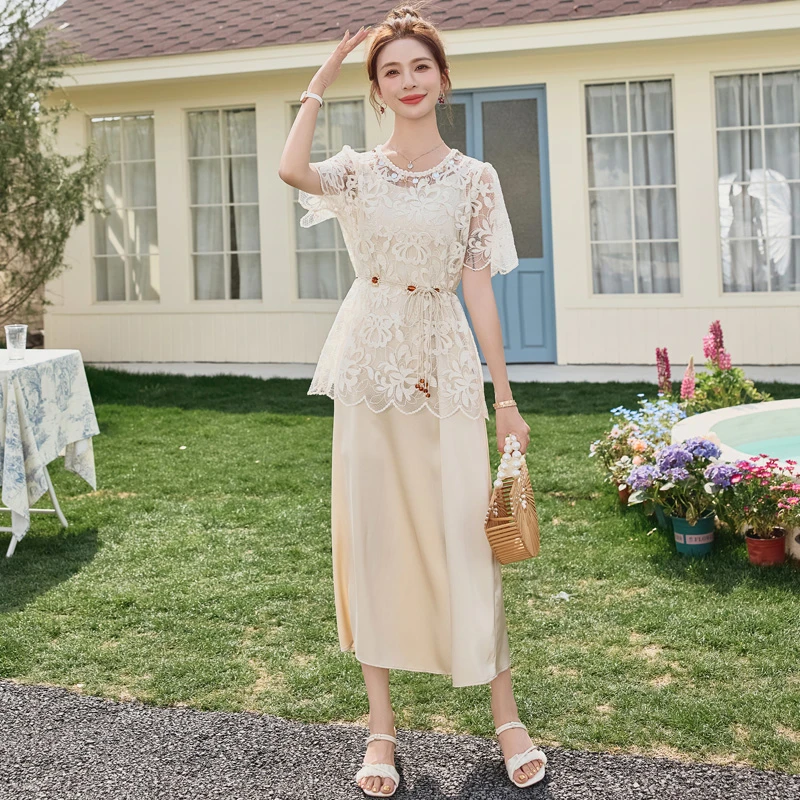 蕾丝镂空罩衫吊带连衣裙两件套女夏2025新款度假风减龄洋气套装裙