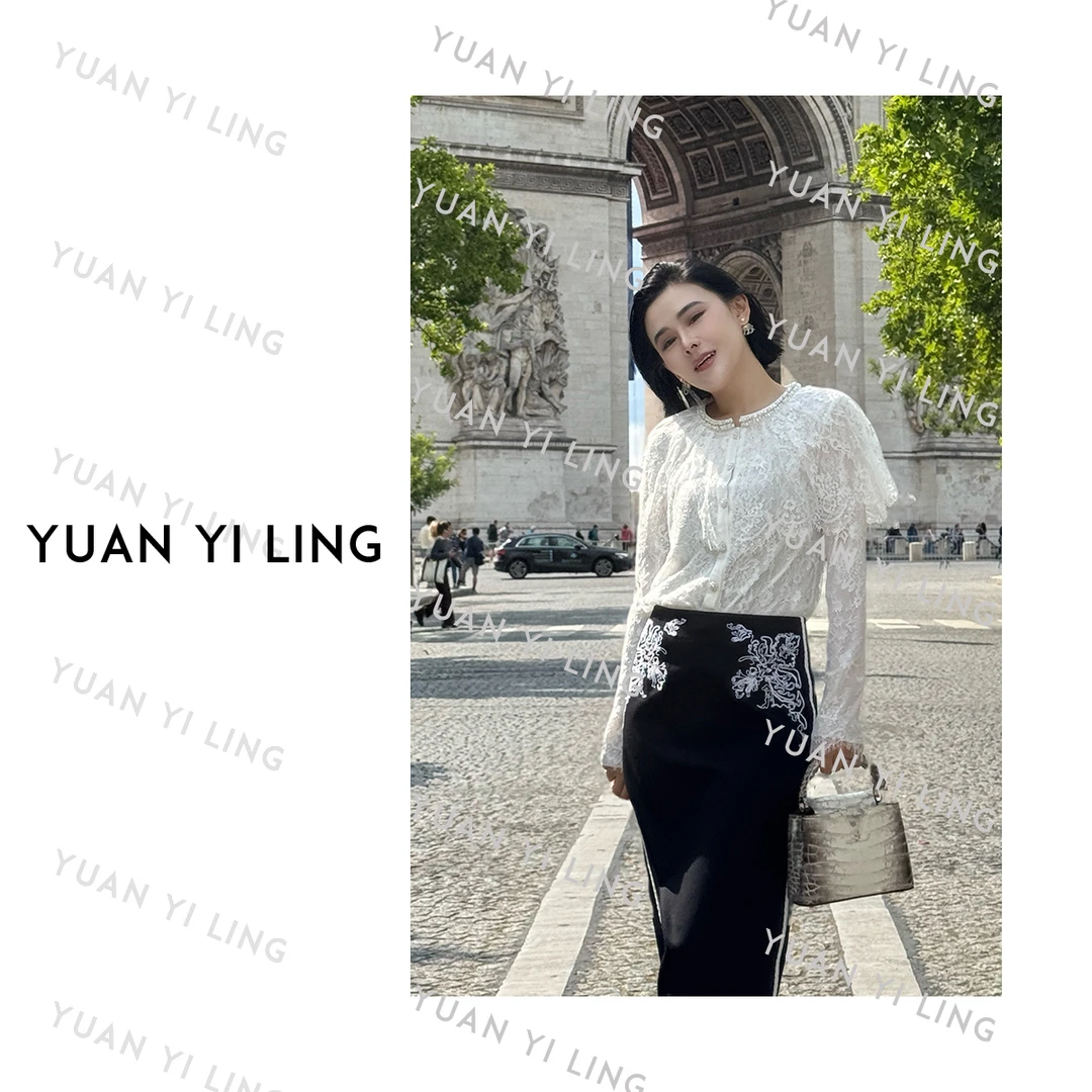 袁艺灵【午后巴黎】25秋季新款钉珠圆领水溶蕾丝长袖斗篷衬衫9058