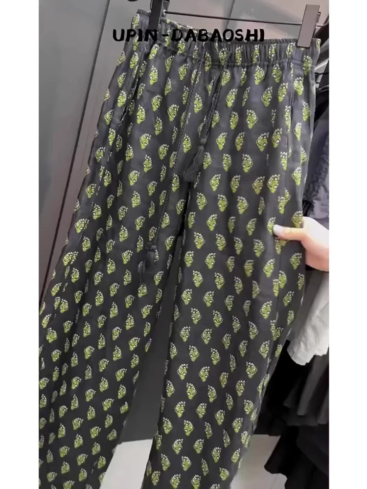 大码印花亚麻弯刀休闲裤女夏薄款胖mm宽松显瘦松弛感直筒阔腿裤子