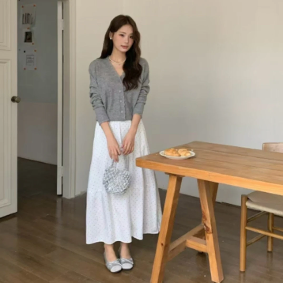 韩系拼接波点裙带口袋百搭精致半身裙小清新中长款伞裙显瘦气质