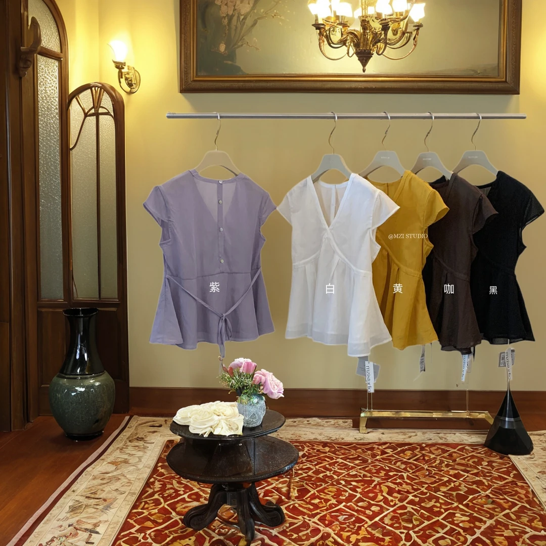 夏季纯色系带V领套头拼接衬衫韩版宽松高街穿搭气质洋气时尚休闲