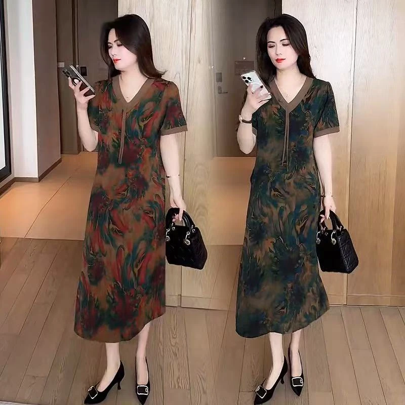 夏季连衣裙女装2025新款中年妈妈时尚气质高端宽松显瘦中长款裙子