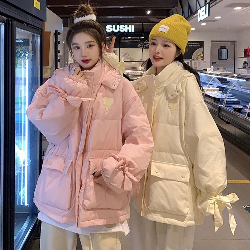 POLO领棉服女冬季2021新款小清新爱心刺绣减龄连帽加厚学生长袖棉