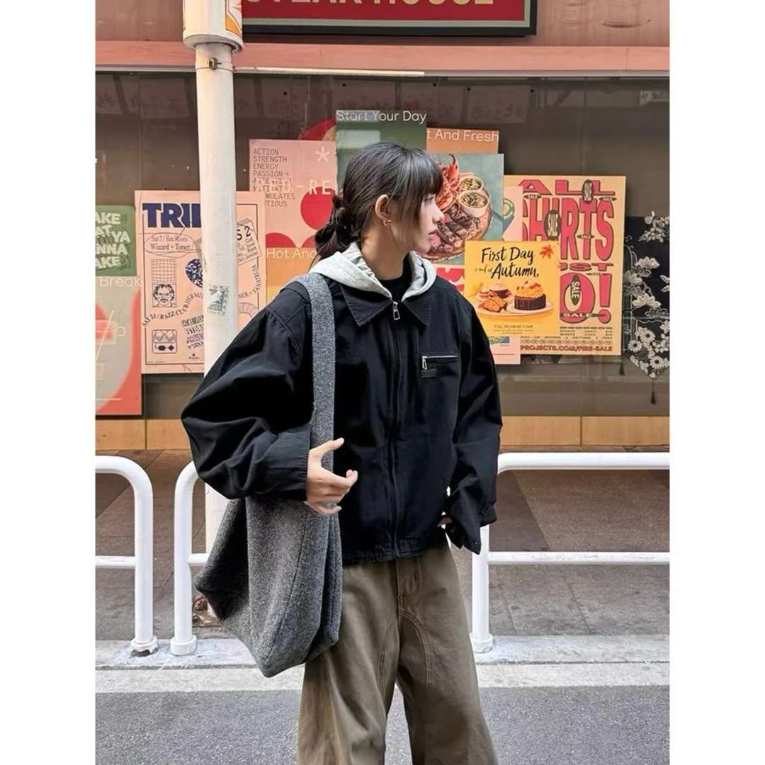 巴恩风外套男春秋美式复古假两件翻领短款工装底特律谷仓连帽夹克