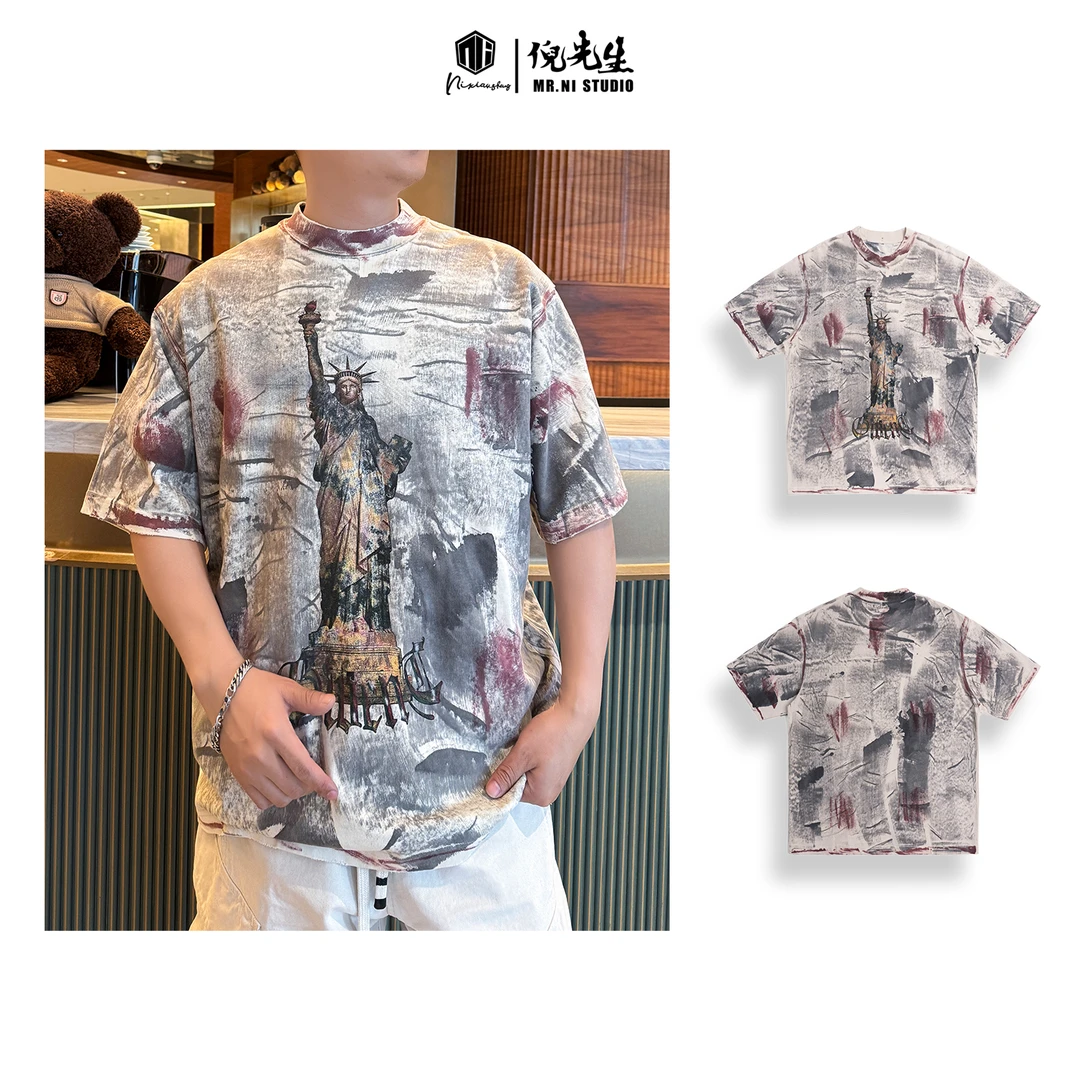 MR.NI/倪先生「自由女神」巴黎复古艺术泼墨重工洗水做旧短袖T恤