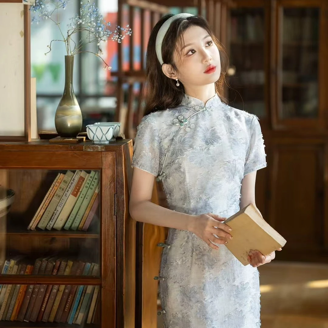 瑾韵蓝色气质文艺复古改良提花旗袍中国风夏季适合日常上班穿着