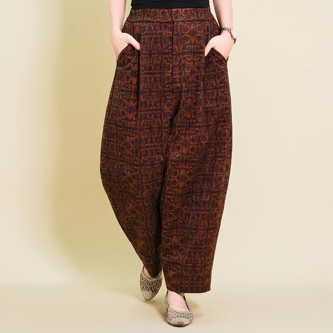 【驼绒裤-鸿福】2025新款香云纱双面穿花锦油绸秋冬款大码驼绒裤