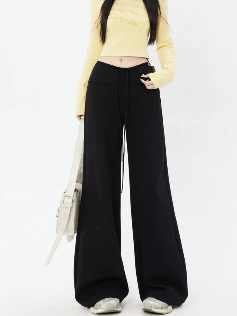 春季纯色空气层运动裤女2025新款直筒显瘦设计感休闲长裤松紧腰