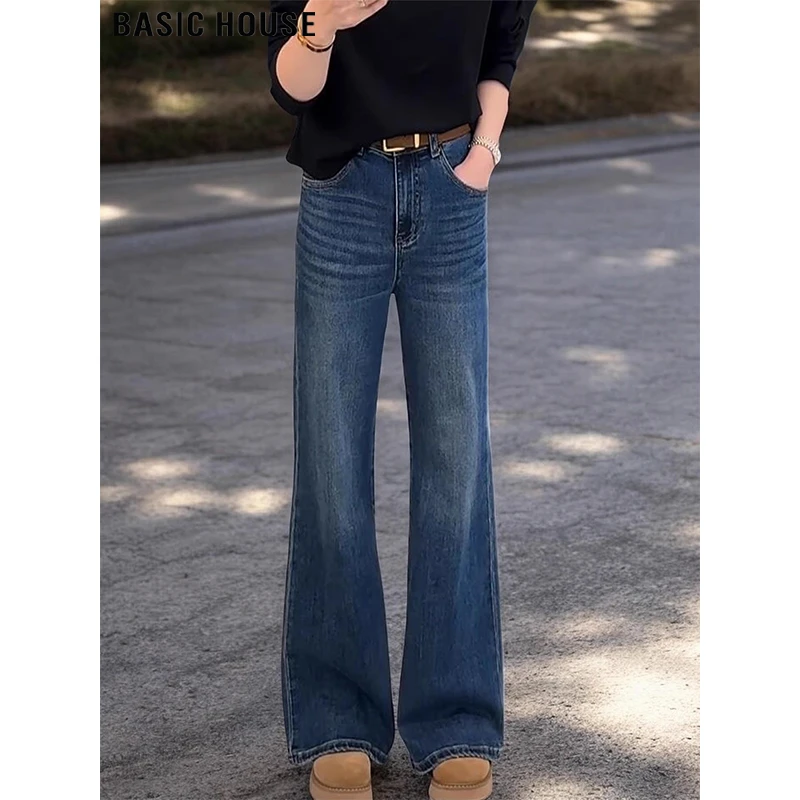 Basic House/百家好显腿长微喇牛仔裤女早秋直筒裤高腰拖地阔腿裤