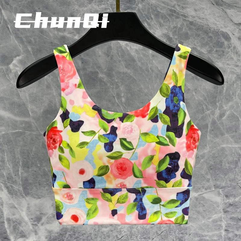 维多利亚印花瑜伽上衣带胸垫运动内衣防震速干一体固定杯健身背心