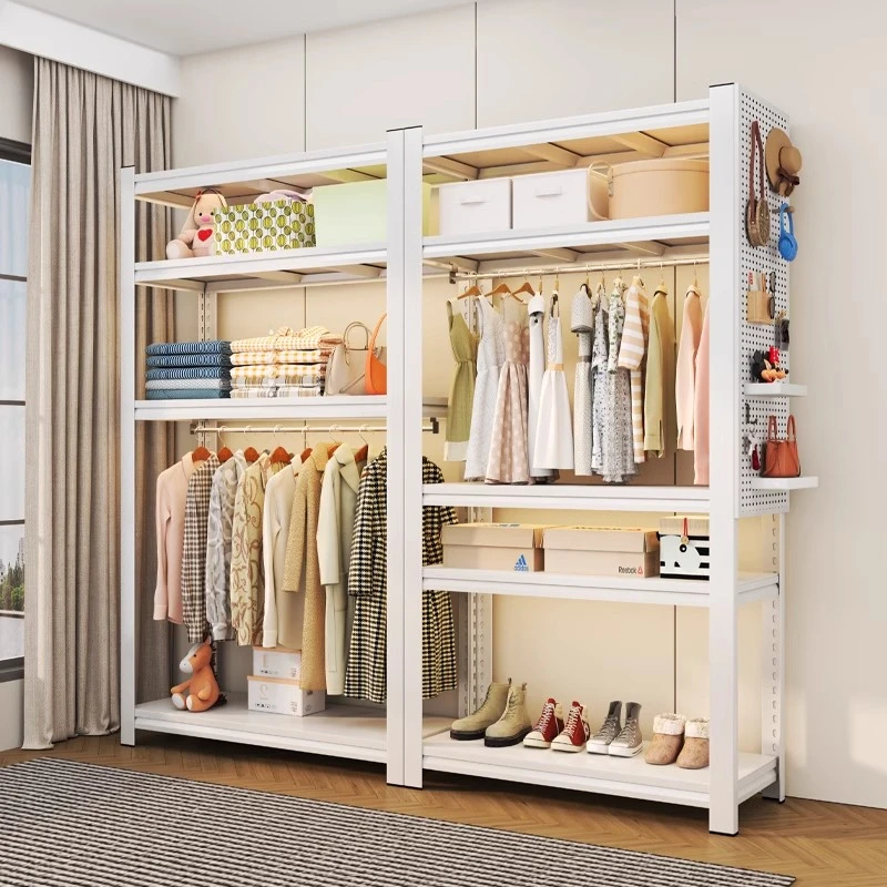货架式衣柜卧室家用加厚洞洞板简易组装可调节多层挂衣杆衣帽架