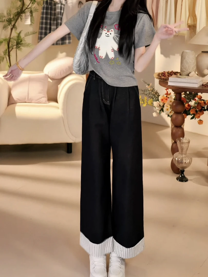 韩国东大门夏季新款翻边条纹牛仔裤休闲气质拼接设计感直筒裤509