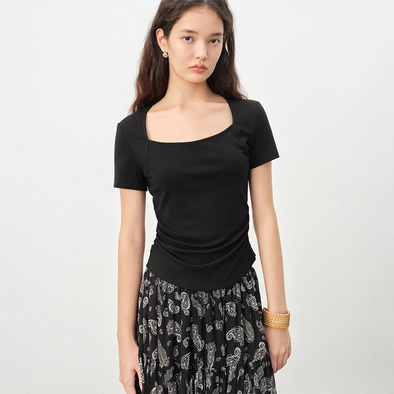 自巧5A抗菌料！小个子女装法式方领修身正肩t恤短袖上衣 25ZQ92414