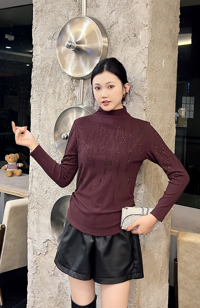 时尚保暖修身长袖女烫砖半高领防静电T恤烫钻内搭6623