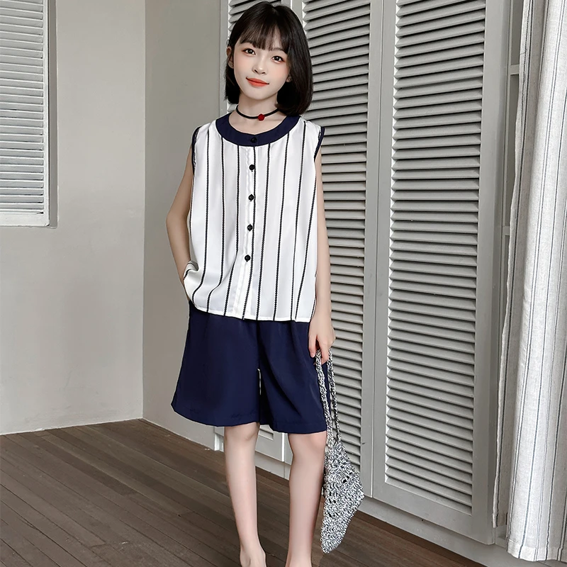 女童夏装套装2025新款夏季条纹无袖中大童时尚薄款洋气短裤两件套