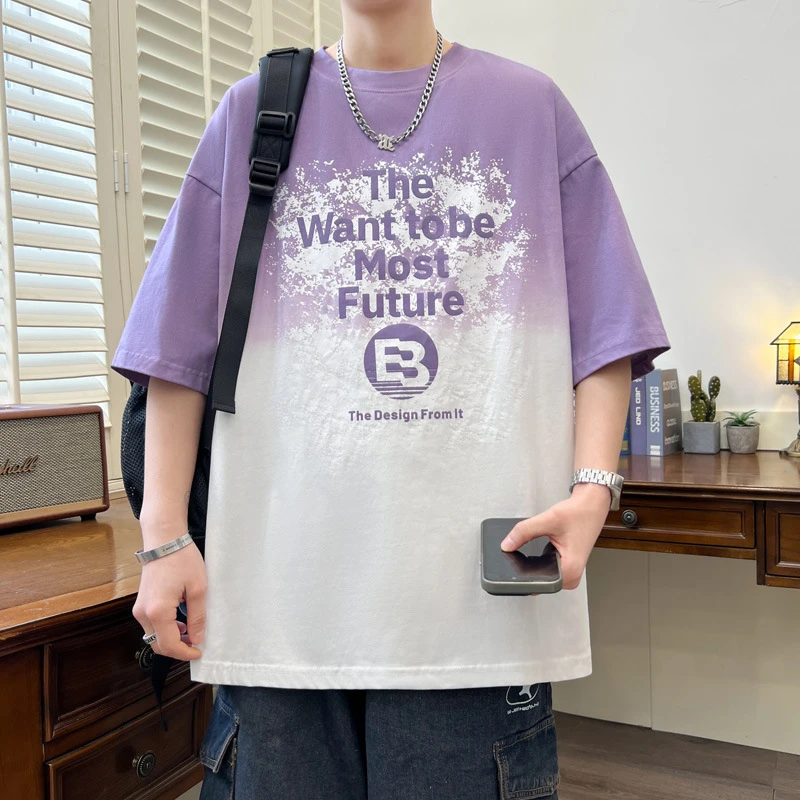 青少年短袖t恤男2025新款夏季初中学生半袖帅气大童渐变衣服潮流