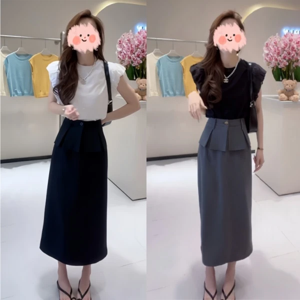 夏季蕾丝露背拼接无袖T恤百搭上衣显瘦开叉假两件半身裙套装