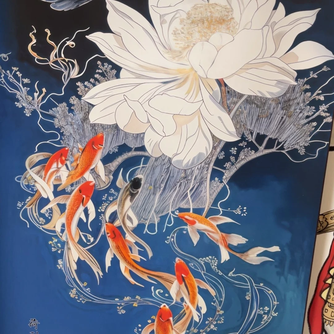 新荷花九鱼图四尺竖幅东方美学装饰画170
