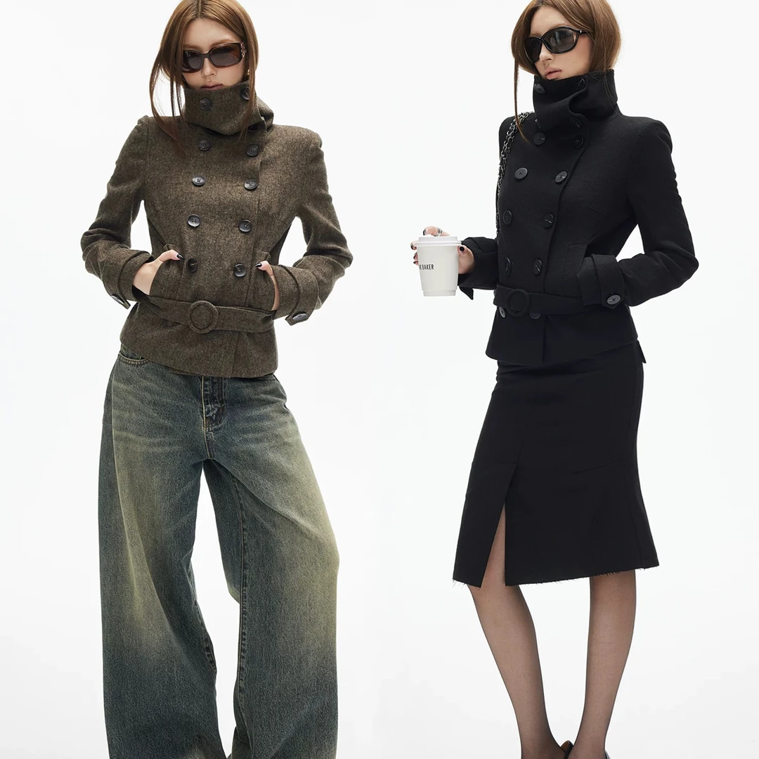 iamxiaa*柔糯羊毛大翻领多穿法双排扣同料腰带短款微宽松毛呢外套