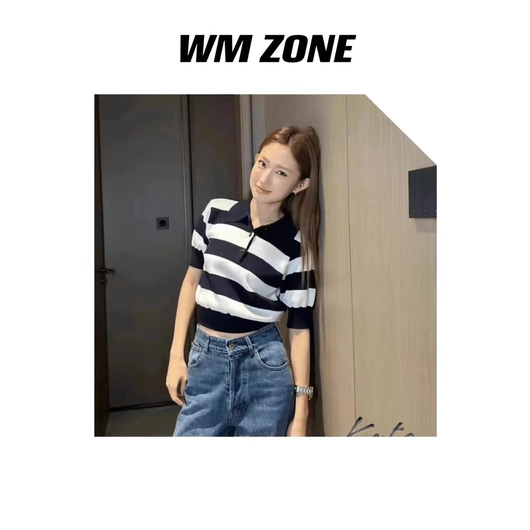 虎儿 4-2022 翻领贴布条纹针织短袖