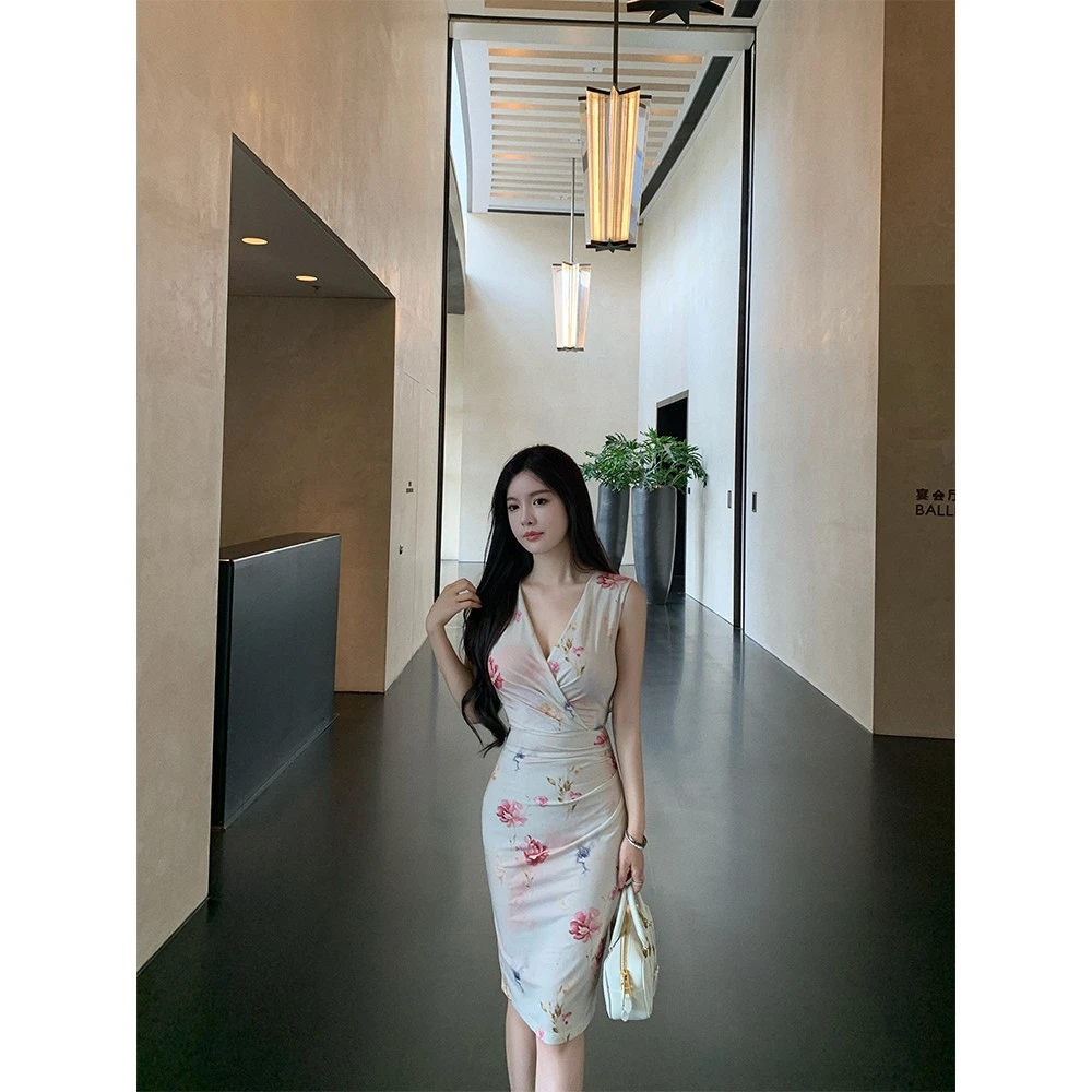 THE SWAN司凰轻奢 悄悄来信 针织印花连衣裙女夏弹力修身显瘦裙子