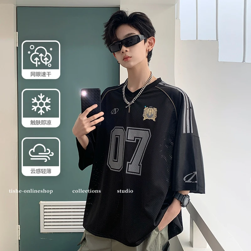 男童短袖T恤夏款2025新款大童薄款运动t恤青少年宽松速干运动衣潮