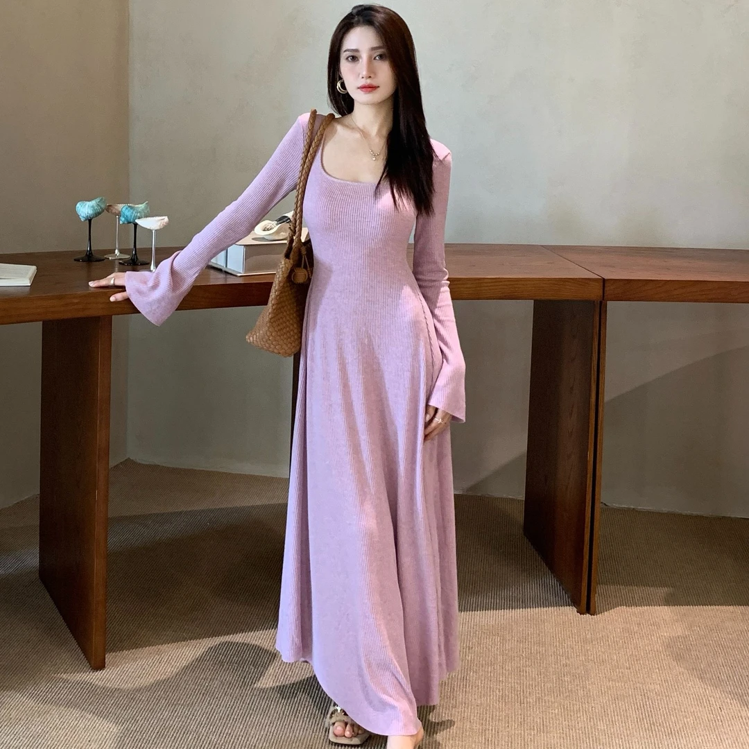 时尚方领带胸垫连衣裙喇叭长袖女春秋季修身内搭打底长裙子