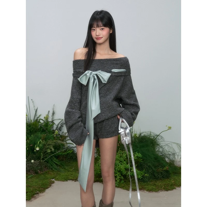 Soote Season原创一字肩丝带弹力针织套装裤