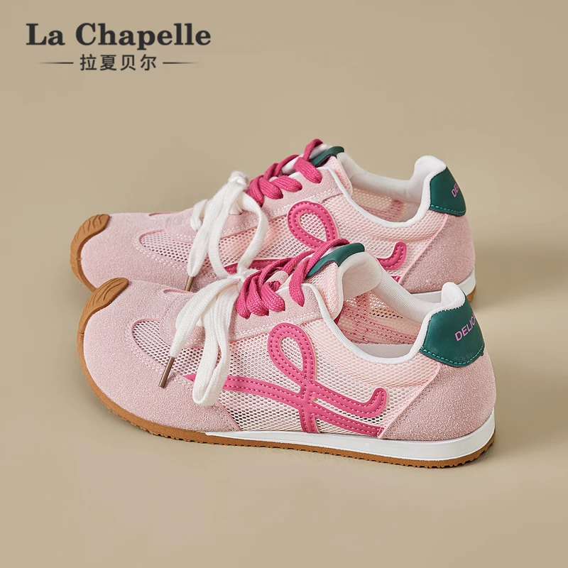 拉夏贝尔多巴胺德训鞋女2025新款夏季网面透气小白鞋粉色运动板鞋